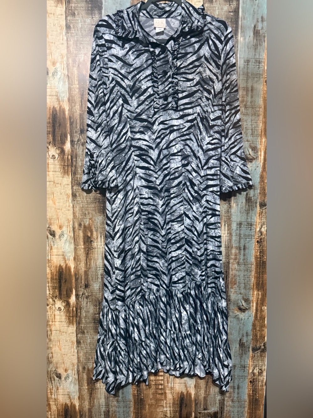 Black and Gray Zebra Print Maxi Frock  Dress - Women's Long Sleeve